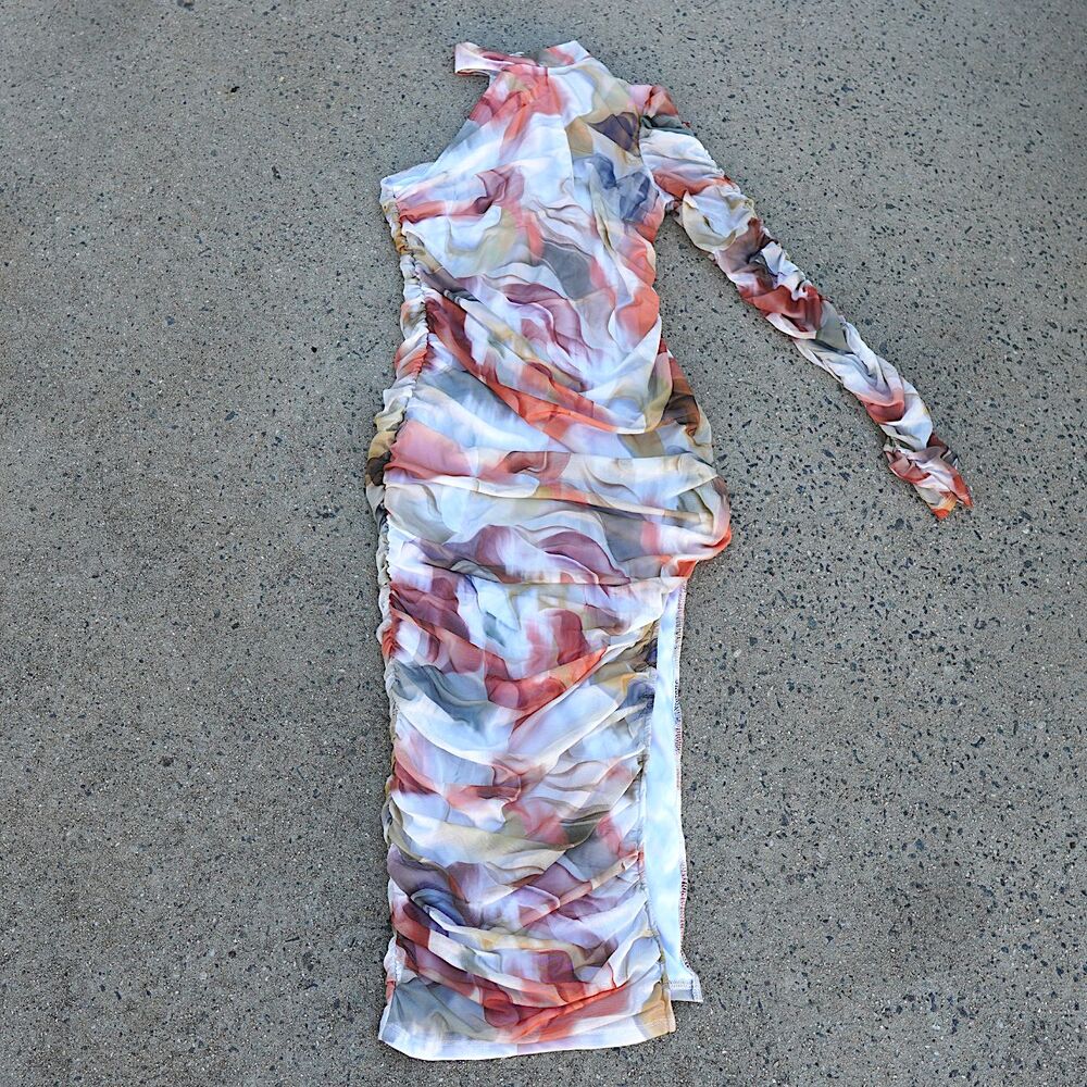 SHEIN X One Shoulder Mesh Dress L NWT Abstract Watercolor Ruched Bodycon Slit